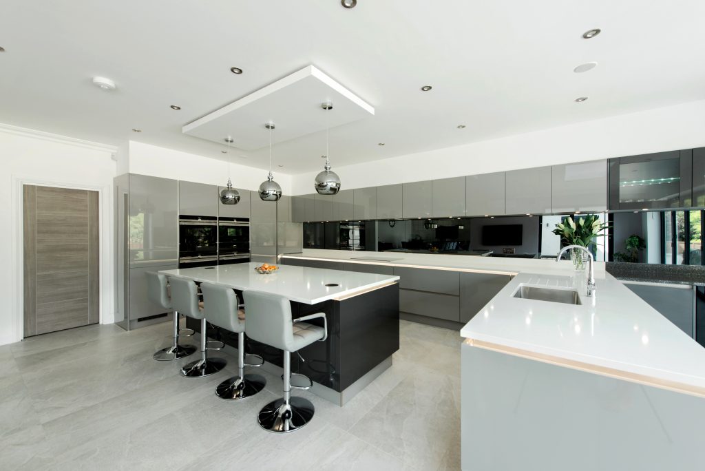 1. Pearl Grey Gloss Kitchen Finish With Carbon Metallic Gloss Kitchen Island | Lead Wolf, Peterborough