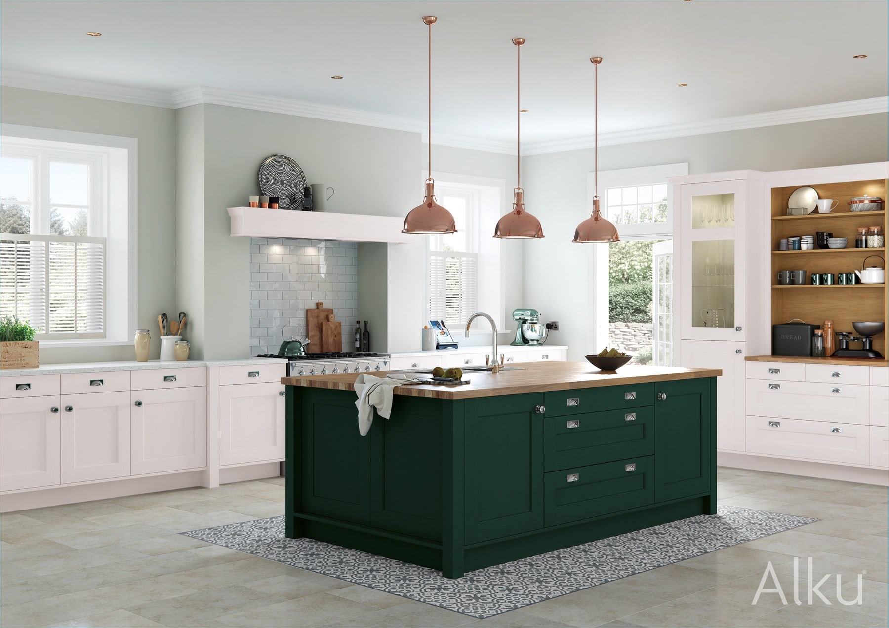 Alku Light Shaker Kitchen With Green Island 1 | Lead Wolf, Peterborough